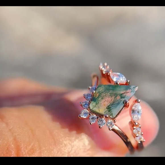 14k Rose Gold Vintage Kite Moss Agate Diamond Engagement Wedding Rings - Picture 10 of 12